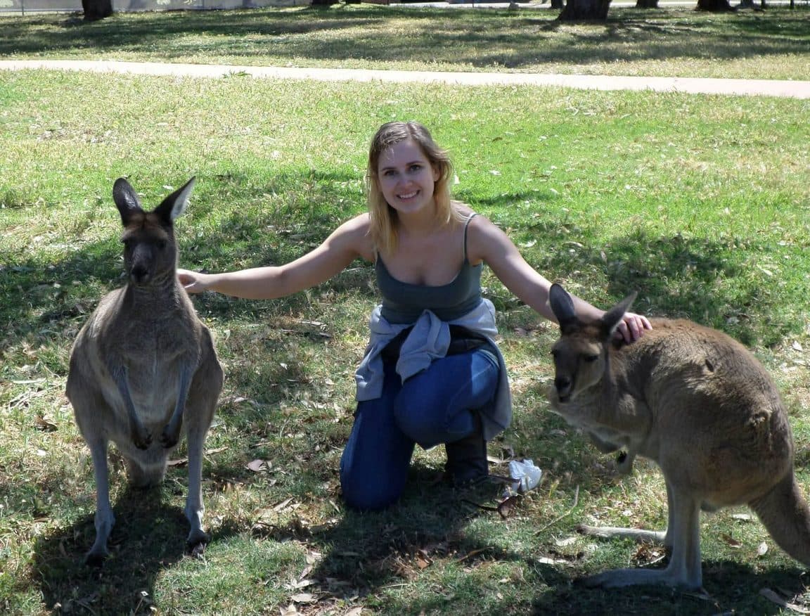 Sophie volunteering at Bunbury Wildlife Park in Western Australia, 2016 β kangaroos and wallabies, emus, cockatoos, lorikeets and a possum at the park, plus whale watching, wild giant stingrays, quokkas on Rottnest Island and the view over Perth